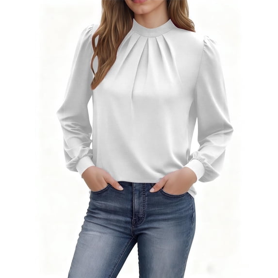 Womens Mock Neck Tops with Front Pleats Long Sleeve Dressy Casual Blouses Loose Fit Business Office Work Shirt (XL, White)