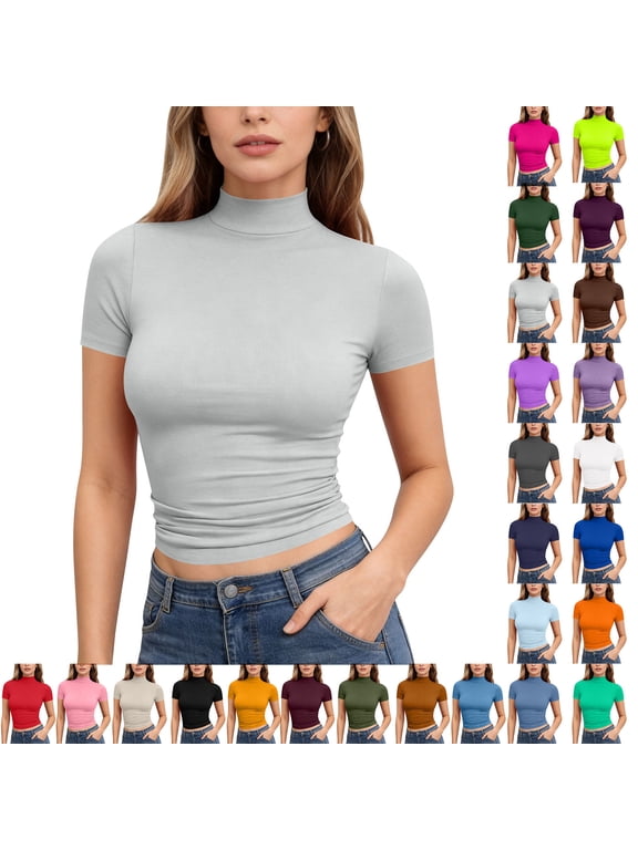 Womens Mock Turtle Neck Shirts 2026 Cap Sleeve Slim Fit Ribbed Summer Tops Orange S