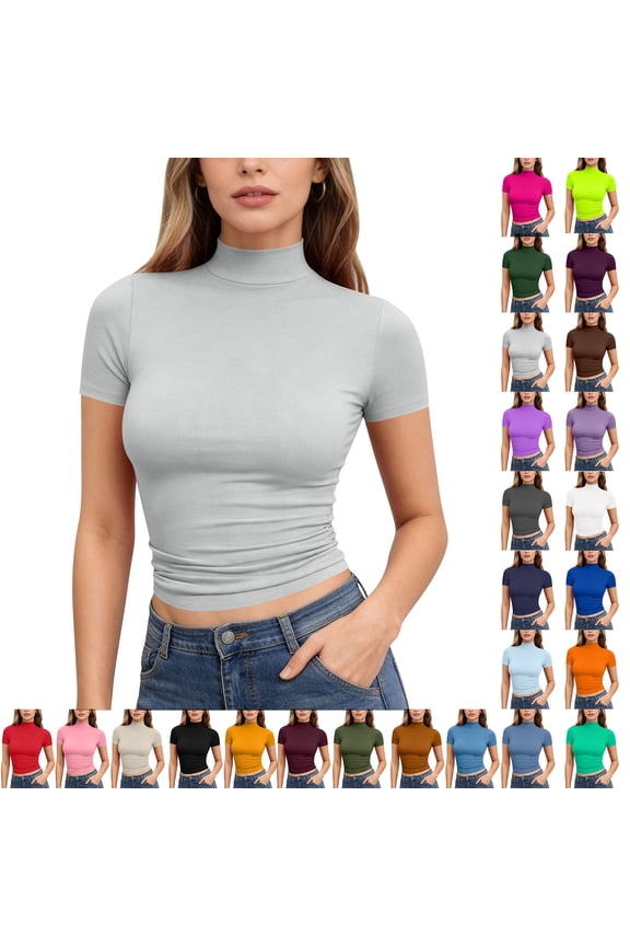 Womens Mock Turtle Neck Shirts 2026 Cap Sleeve Slim Fit Ribbed Summer Tops Pink L
