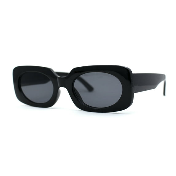 Womens Mod Chunky Plastic Rectangle Oval Lens Minimal Sunglasses All Black