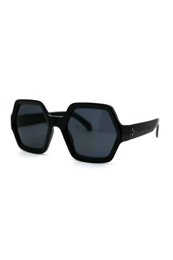 Womens Mod Hexagon Plastic Retro Sunglasses All Black