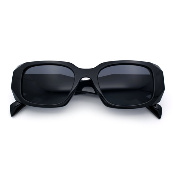 Womens Mod Rectangle Geo Bevel Cut Plastic Fashion Sunglasses All Black
