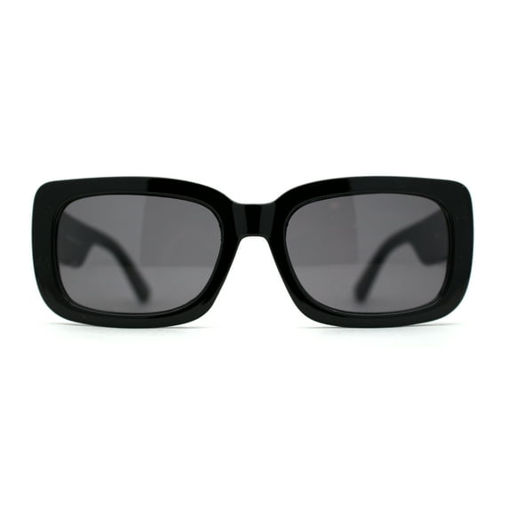 Womens Mod Retro Rectangle Minimal Plastic Sunglasses All Black