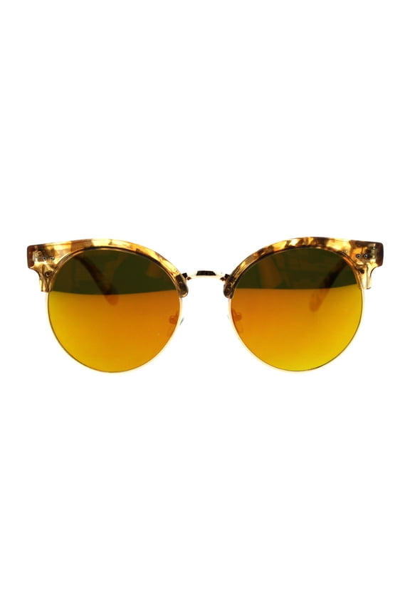 Womens Mod Round Half Rim Hipster Designer Sunglasses Tortoise Yellow Mirror