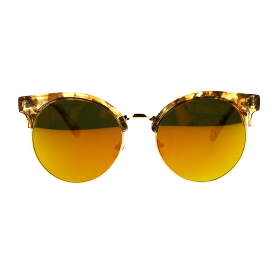 Womens Mod Round Half Rim Hipster Designer Sunglasses Tortoise Yellow Mirror