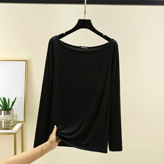 Womens Modal Cotton Shirts Solid Color Loungewear Long Sleeve Blouses Casual Round Neck TShirt Internal Construction Lightweight Soft Basic Shirt Pullover Top Black XL