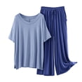 thumbnail image 1 of Womens Pajamas Two Piece Sleepwear Set Short Sleeve Tops Long Wide Leg Pants Fall Summer Pjs Pajamas Blue, XL, 1 of 3