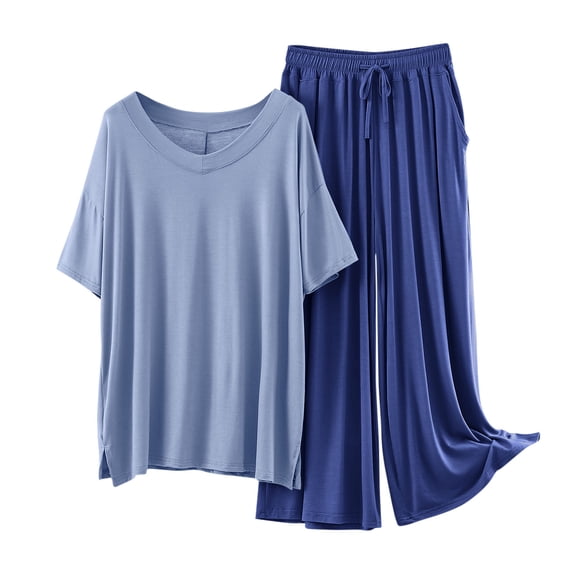 Womens Pajamas Two Piece Sleepwear Set Short Sleeve Tops Long Wide Leg Pants Fall Summer Pjs Pajamas Blue, XL
