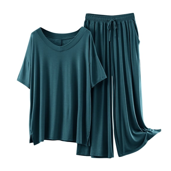 Womens Modal Pajamas Two Piece Sleepwear Set Short Sleeve Tops Long Wide Leg Pants Fall Summer Pjs Pajamas Green, L