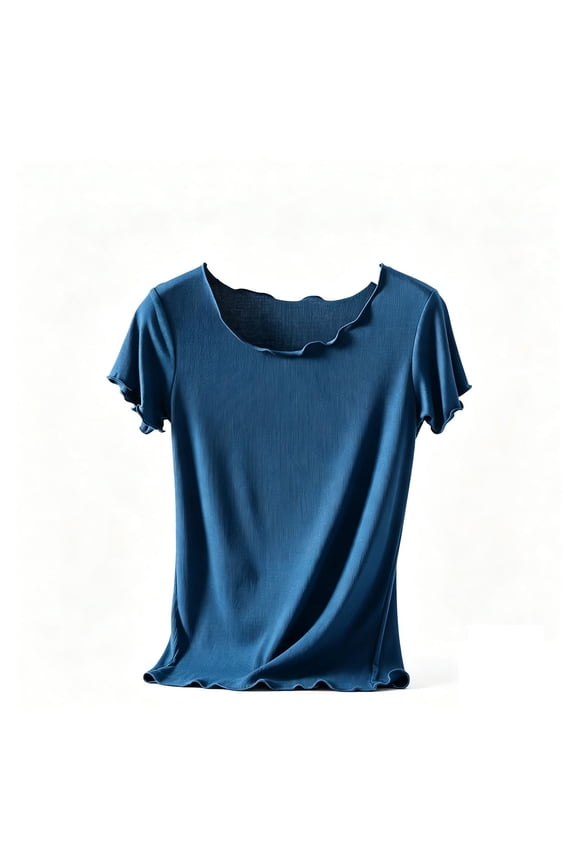 Womens Ribbed Lettuce Trim T Shirt Slim Crew Neck Layering Top Short Sleeve Solid Lightweight Summer Tees