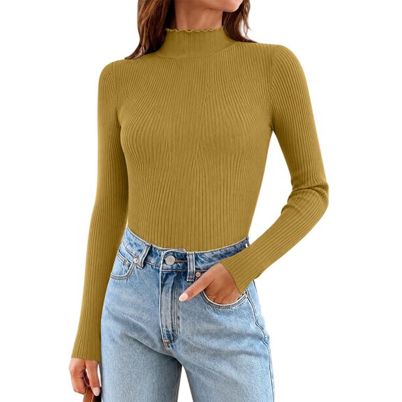 Womens Modal Ribbed Long Sleeve Mock Neck Tees Lettuce Trim Fitted Slim Fall Warm Basic Layering Shirts Yellow L