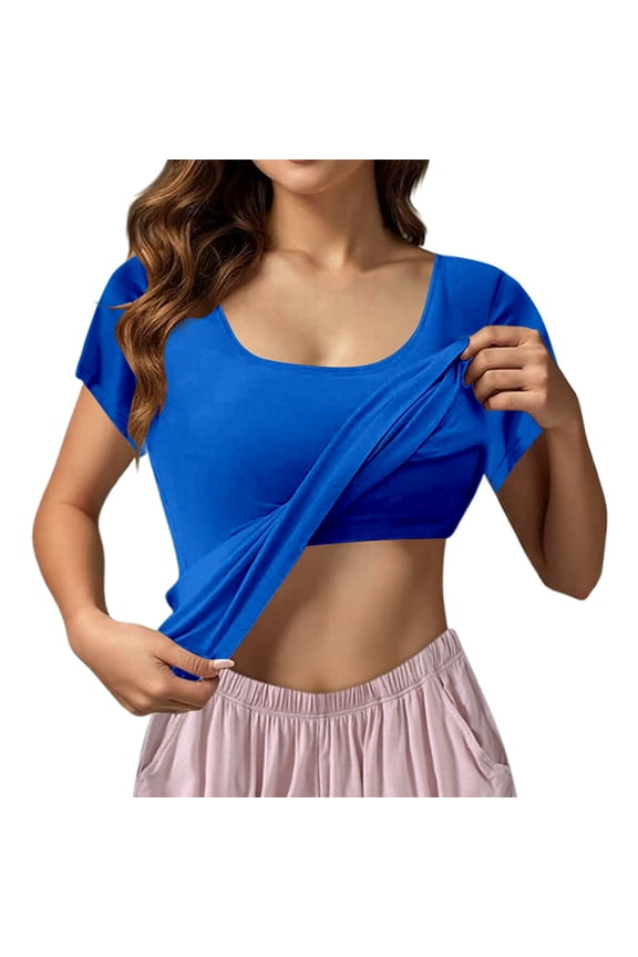 Womens T-Shirt with Built-in Bra Wireless Padded Summer Short Sleeve Vest Top Basic Layering Shell Soft Tee L