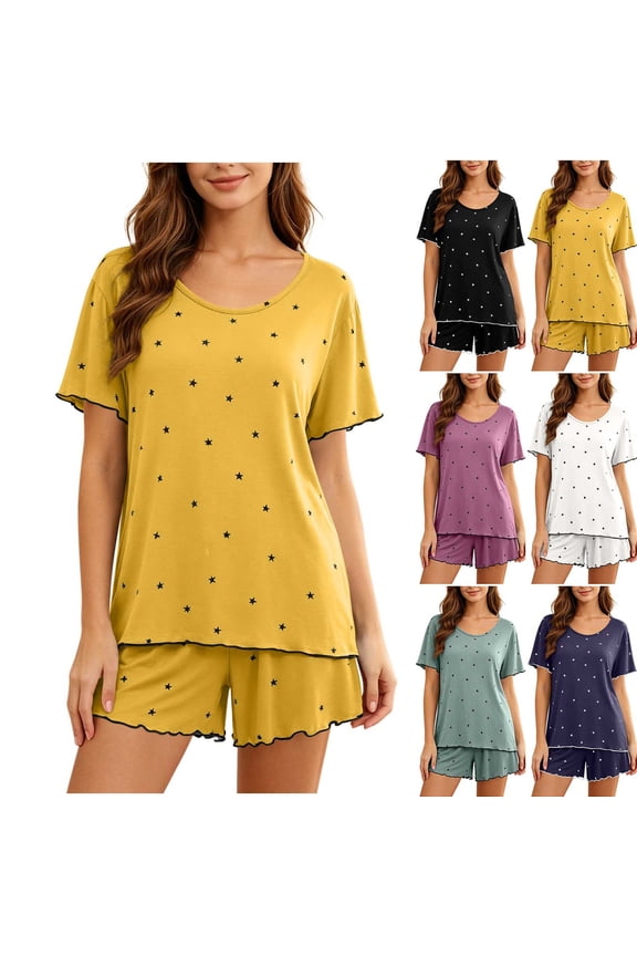 Womens Modal Two Piece Pajama Set Star Print Ruffle Trim Round Neck Short Sleeve Top Elastic Waist Shorts Yellow XL(XL)