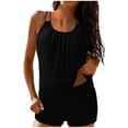 thumbnail image 1 of Womens Modest Black High Waisted Tankini Set with Swim Shorts – Ruched Spaghetti Strap Two Piece Swimsuit – Nylon Spandex – S-XXL,Size 2XL, 1 of 7