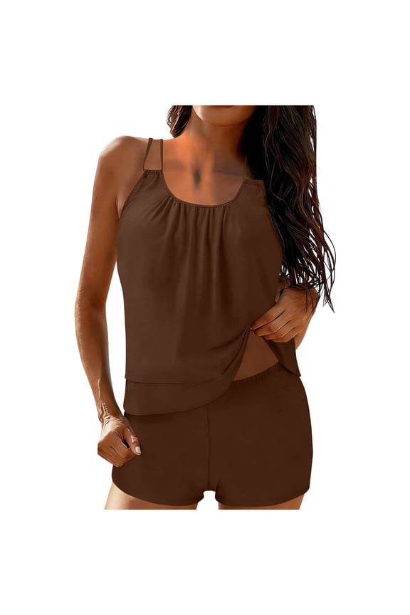 Womens Modest Brown Two Piece Tankini Set High Waisted Swim Shorts Ruched Spaghetti Strap Top Nylon Spandex Bathing Suit S-XXL,Size XL
