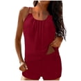thumbnail image 1 of Womens Modest Red High Waisted Tankini Set – Two Piece Swim Shorts Bathing Suit – Ruched Spaghetti Strap Top – Nylon Spandex – S-XXL,Size XL, 1 of 7