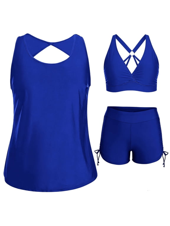Womens Modest Tankini Set Two Piece Swimsuits Y-back Sport Beach Vacation Bathing Suit Teen Old Women(Blue M)
