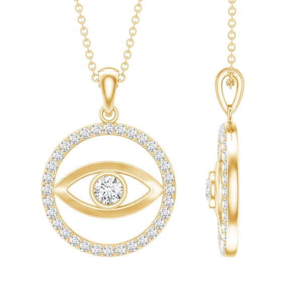 Rosec Jewels Evil Eye Necklace with Moissanite - D-VS1 Grade Certified - Circle Pendant Necklace with Chain - Ready to Gift, 14K Yellow Gold