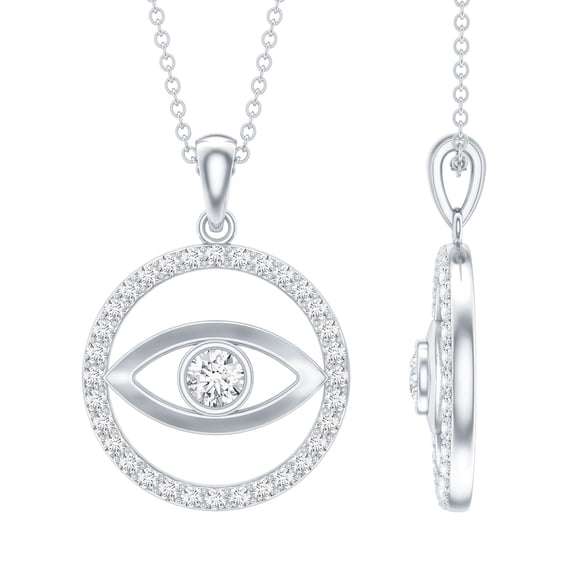 Rosec Jewels Evil Eye Necklace with Moissanite - D-VS1 Grade Certified - Circle Pendant Necklace with Chain - Ready to Gift, 18K White Gold