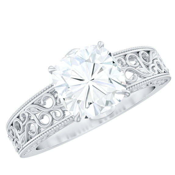 Rosec Jewels Certified Moissanite Cushion Cut Engagement Ring 3 Carat - Filigree Ring - 8 mm - D-VS1 Quality, 10K White Gold, US 12.50
