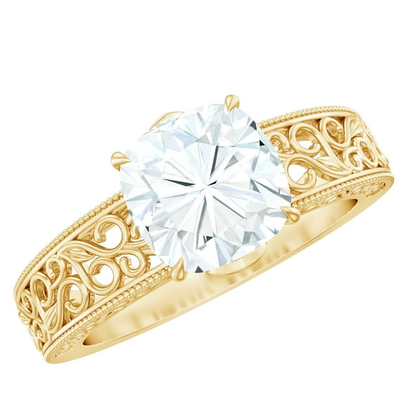 Rosec Jewels Certified Moissanite Cushion Cut Engagement Ring 3 Carat - Filigree Ring - 8 mm - D-VS1 Quality, 14K Yellow Gold, US 4.00