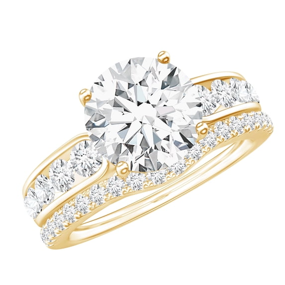Rosec Jewels Womens Moissanite Engagement and Wedding Ring Set - 2 Carat Round Ring with Band (D-VS1 Grade) - with Jewelry Box, 14K Yellow Gold, US 3.00