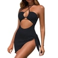 thumbnail image 1 of Womens Monokini Women's Solid Color Texture Hollow Hanging Neck Swimsuit Monokini Black S, 1 of 7