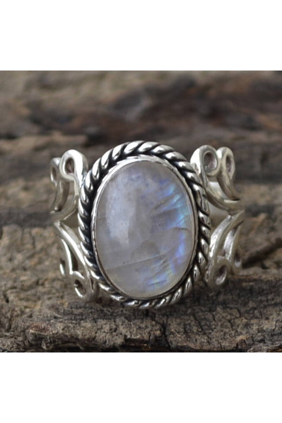 Womens Moonstone Ring Niello Geometric Jewelry Elegant Statement Accessory European Style Copper Filigree Glow