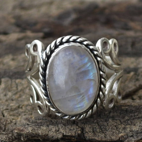 Womens Moonstone Ring Niello Geometric Jewelry Elegant Statement Accessory European Style Copper Filigree Glow