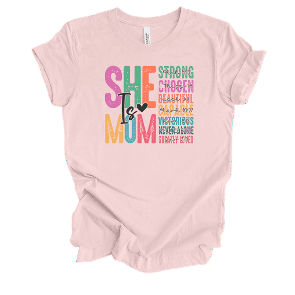 Womens Mother's Day Colorful Distressed Christian She Is Mom Bible Verses Short Sleeve T-Shirt-Soft Pink-Large