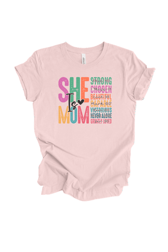 Womens Mother's Day Colorful Distressed Christian She Is Mom Bible Verses Short Sleeve T-Shirt-Soft Pink-Small