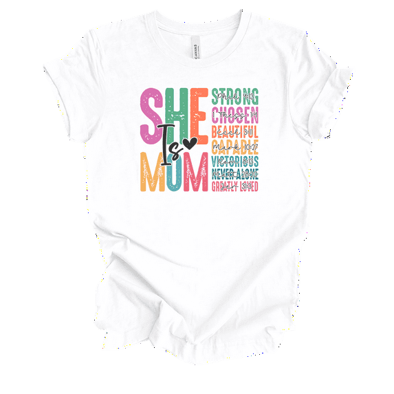 Womens Mother's Day Colorful Distressed Christian She Is Mom Bible Verses Short Sleeve T-Shirt-White-Medium