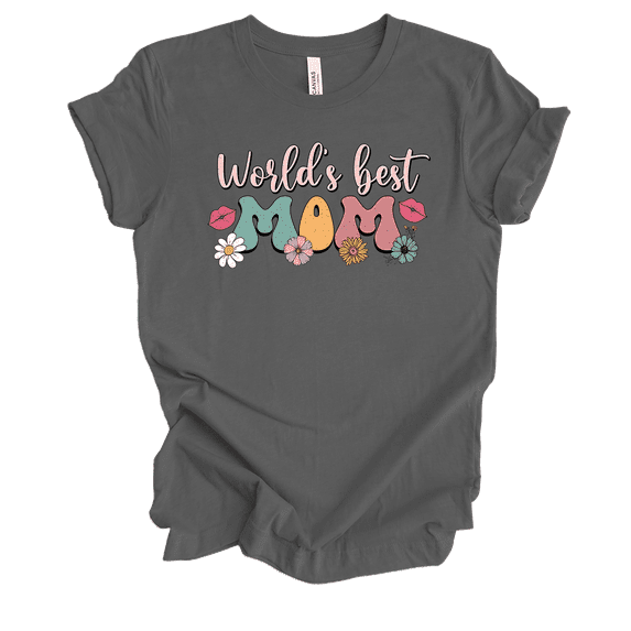 Womens Mother's Day Colorful Retro Groovy World's Best Mom Floral Ladies Short Sleeve T-Shirt-Asphalt-Small