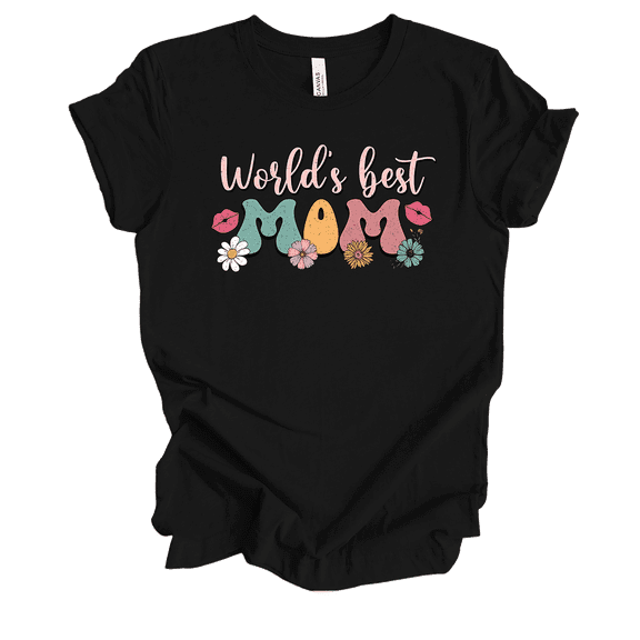 Womens Mother's Day Colorful Retro Groovy World's Best Mom Floral Ladies Short Sleeve T-Shirt-Black-Large