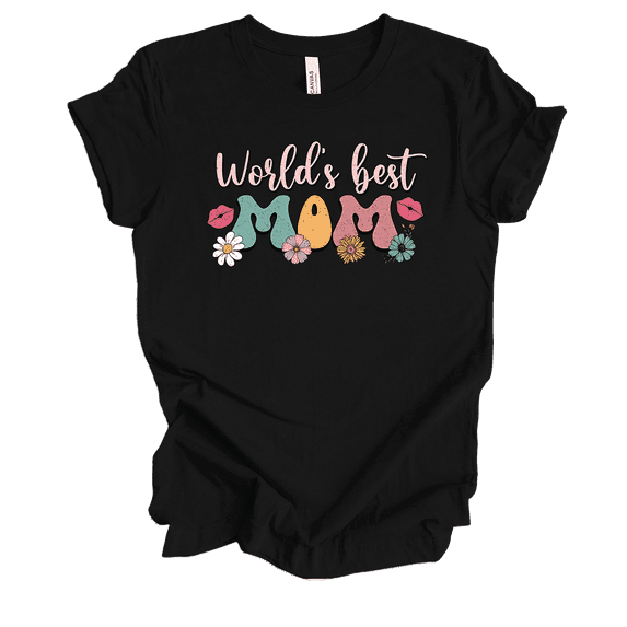 Womens Mother's Day Colorful Retro Groovy World's Best Mom Floral Ladies Short Sleeve T-Shirt-Black-XX-Large