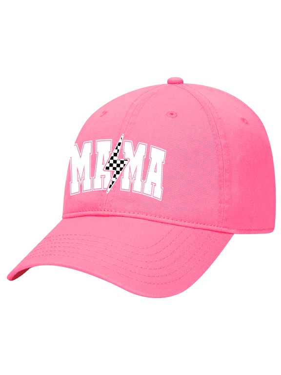 Womens Mother's Day Cute Checkered Mama With Lightning Bolt Embroirdered Otto Baseball Cap-Neon Pink