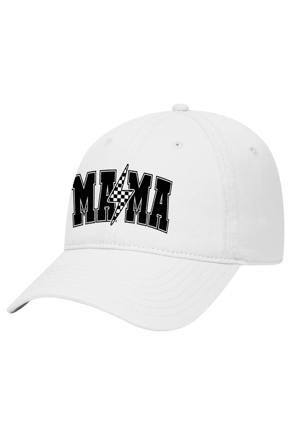 Womens Mother's Day Cute Checkered Mama With Lightning Bolt Embroirdered Otto Baseball Cap-White