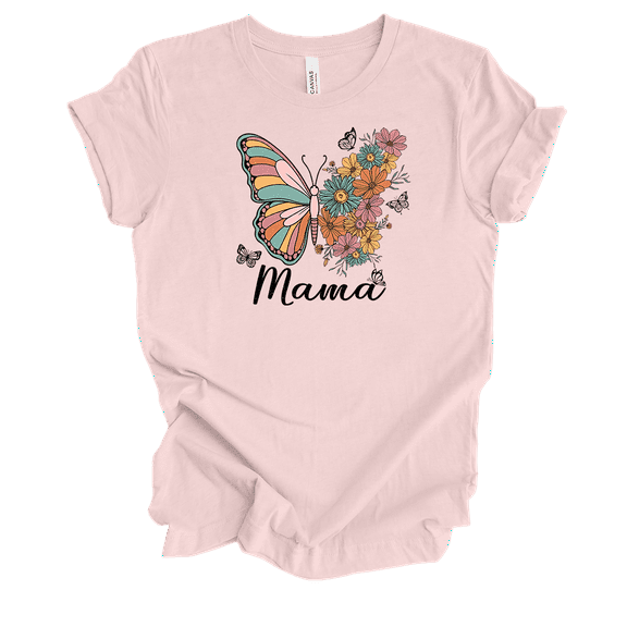 Womens Mother's Day Floral Butterfly Mama Design Ladies Short Sleeve T-Shirt-Soft Pink-Medium