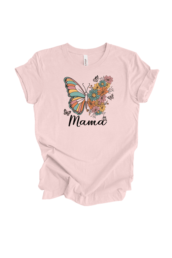 Womens Mother's Day Floral Butterfly Mama Design Ladies Short Sleeve T-Shirt-Soft Pink-Small