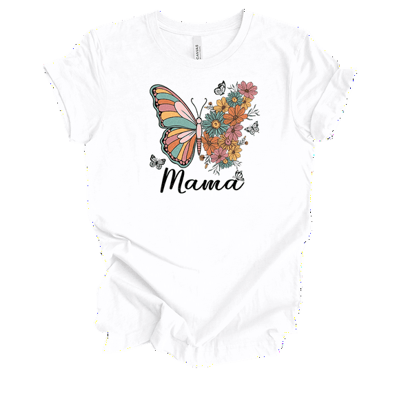 Womens Mother's Day Floral Butterfly Mama Design Ladies Short Sleeve T-Shirt-White-Small
