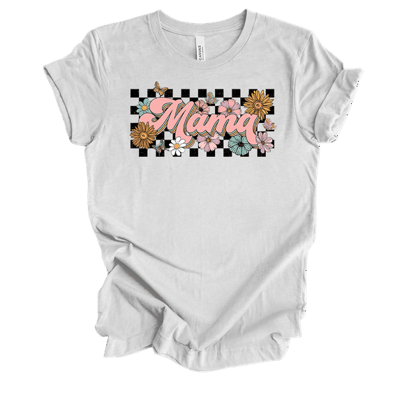 Womens Mother's Day Floral Retro Checkered Mama Design Ladies Short Sleeve T-Shirt-Ash-Small