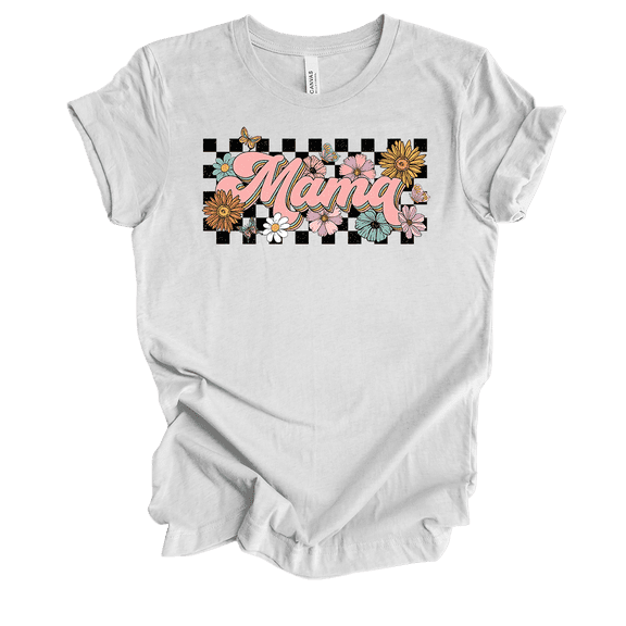 Womens Mother's Day Floral Retro Checkered Mama Design Ladies Short Sleeve T-Shirt-Ash-XX-Large