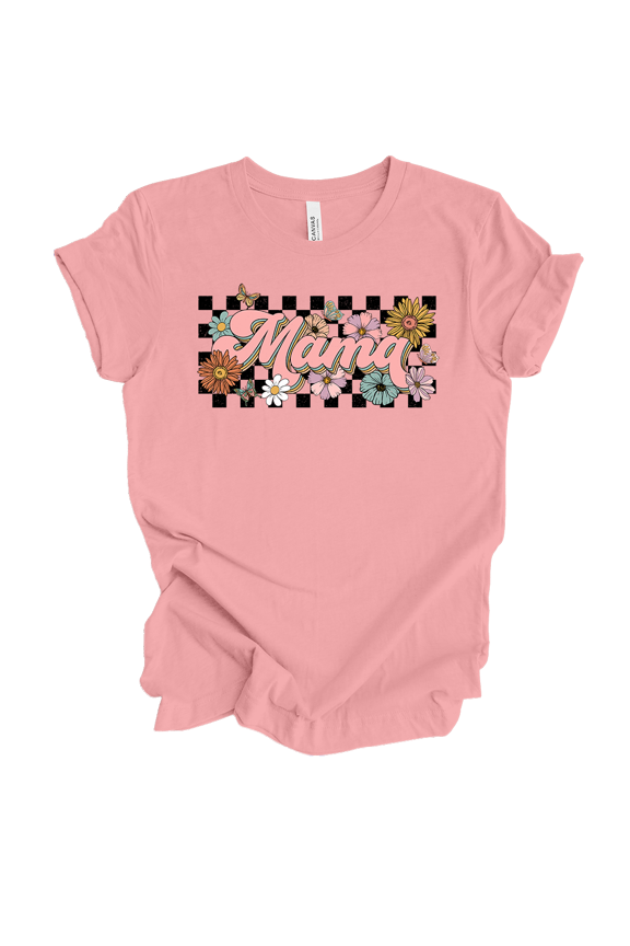 Womens Mother's Day Floral Retro Checkered Mama Design Ladies Short Sleeve T-Shirt-Pink-Medium