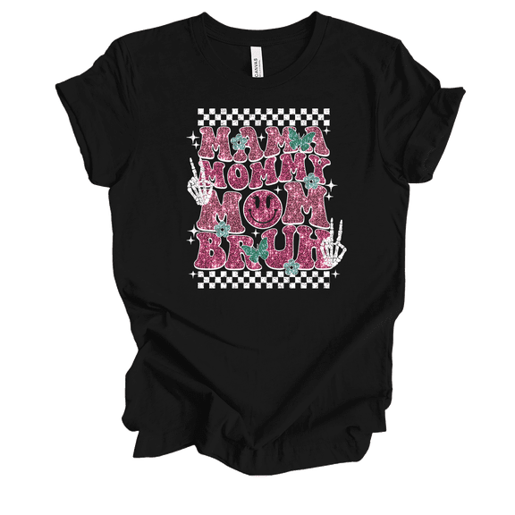 Womens Mother's Day Retro Glitter Checkered Mama Mommy Mom Bruh Ladies Short Sleeve T-Shirt-Black-Small