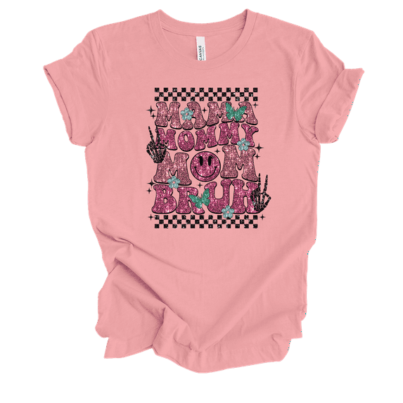 Womens Mother's Day Retro Glitter Checkered Mama Mommy Mom Bruh Ladies Short Sleeve T-Shirt-Pink-Large
