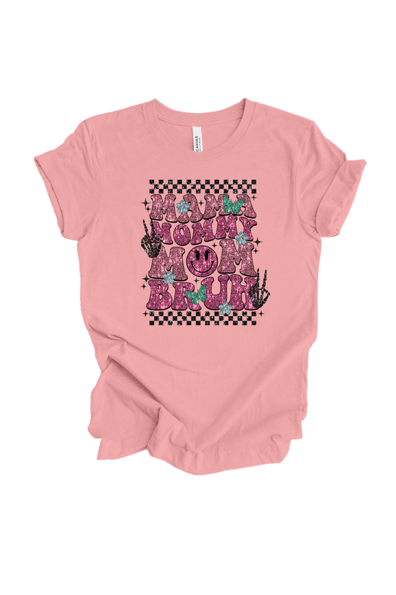 Womens Mother's Day Retro Glitter Checkered Mama Mommy Mom Bruh Ladies Short Sleeve T-Shirt-Pink-Medium