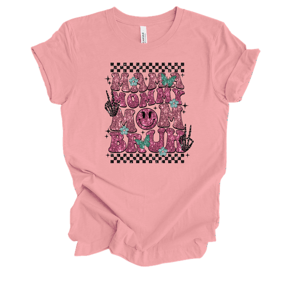 Womens Mother's Day Retro Glitter Checkered Mama Mommy Mom Bruh Ladies Short Sleeve T-Shirt-Pink-Small