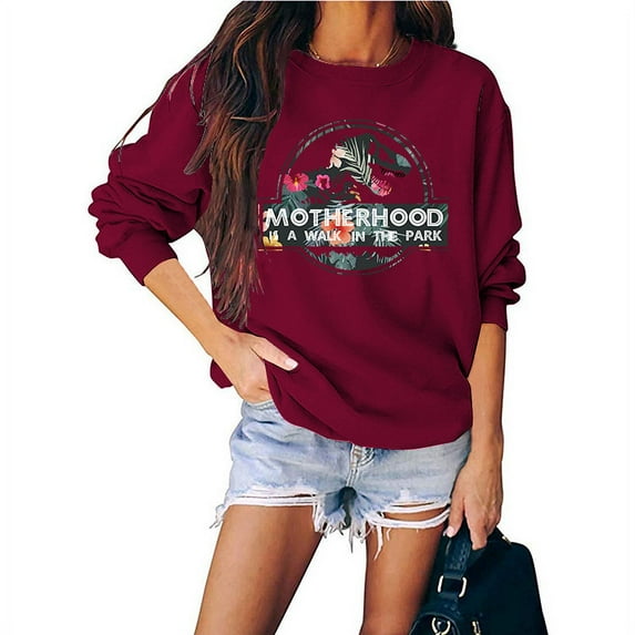 Womens Motherhood Dinosaur Printed Crew Neck Sweatshirt Loose Long Sleeve T-shirt