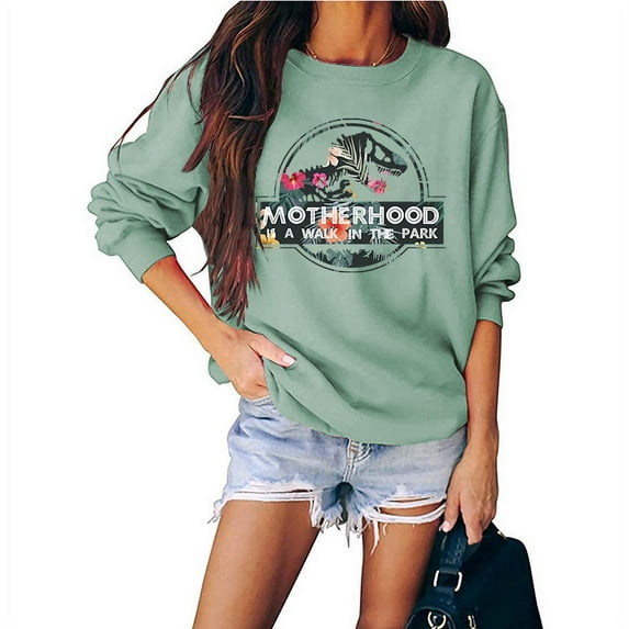 Womens Motherhood Dinosaur Printed Crew Neck Sweatshirt Loose Long Sleeve T-shirt