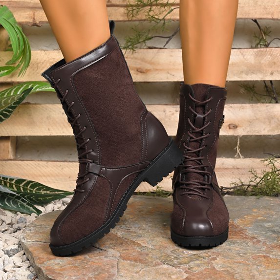 Womens Motorcycle Boots Fashion Splice Upper Low Heel Riding Booties for Winter Fall Casual Lace up Ladies Mid Calf Boots